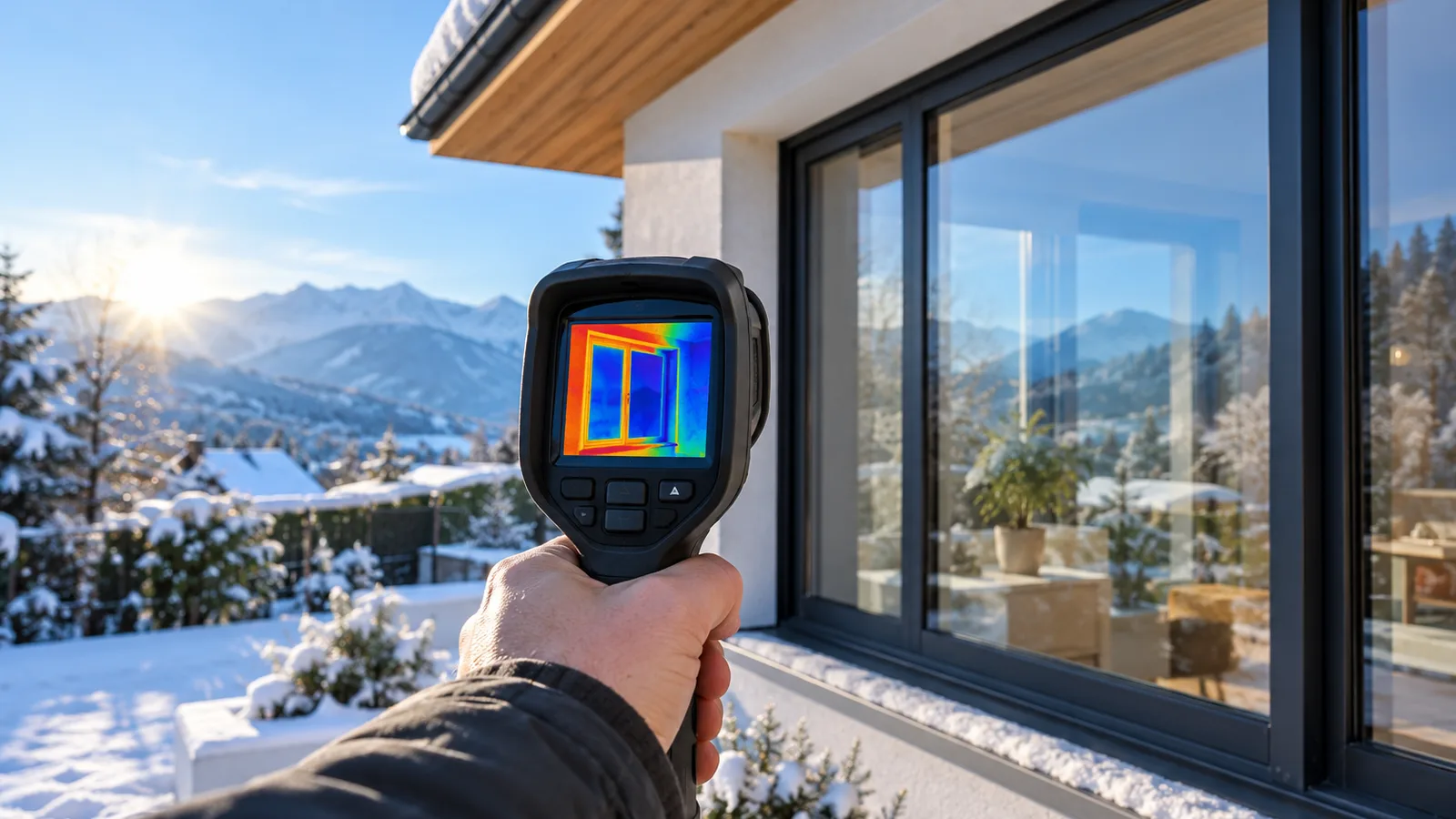Caméra thermique pointée par une main vers une fenêtre en hiver, coefficient Uw d’une fenêtre