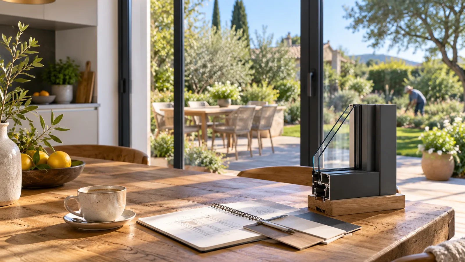 Table de cuisine en bois avec carnet, poser des fenêtres