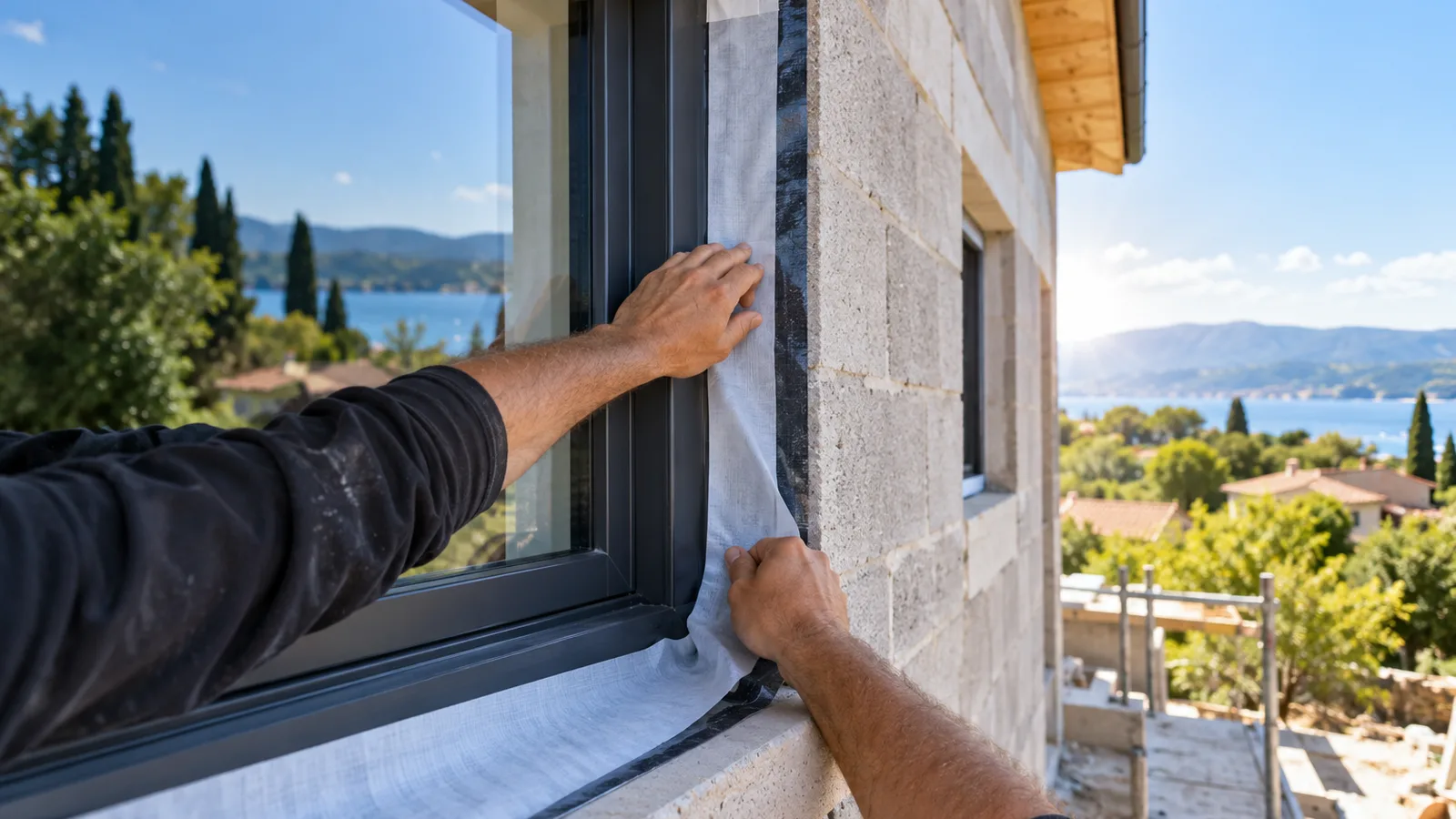 Mains appliquant une membrane d’étanchéité autour d’un dormant de fenêtre dans un mur en parpaings, étanchéité à la pose d’une fenêtre