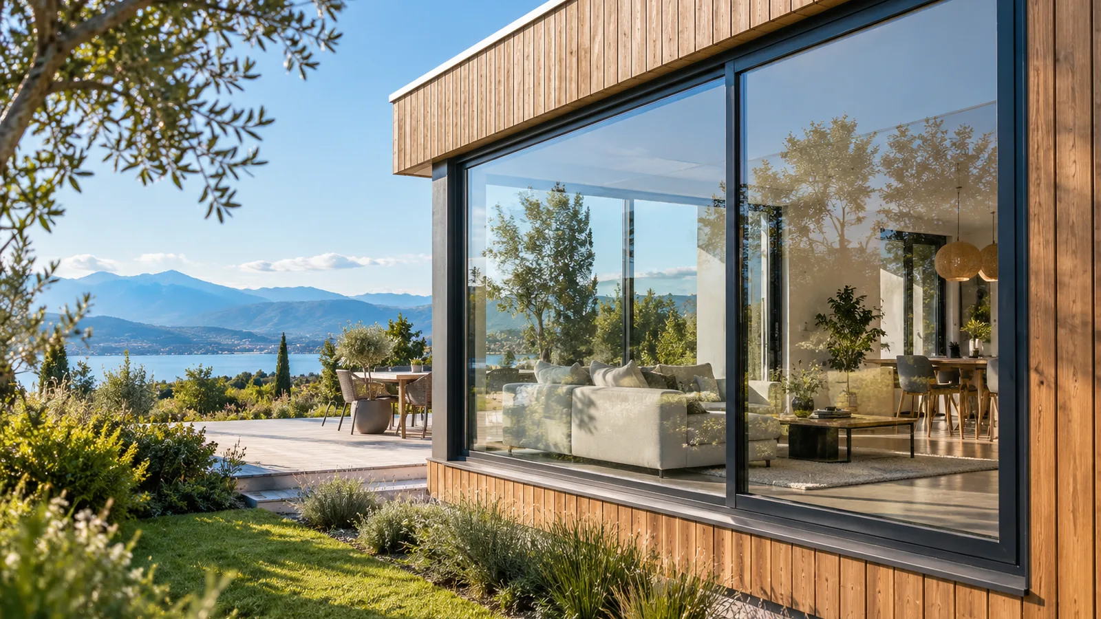 Grande fenêtre aluminium gris anthracite à profilés fins sur une maison contemporaine en bardage bois, fenêtre aluminium