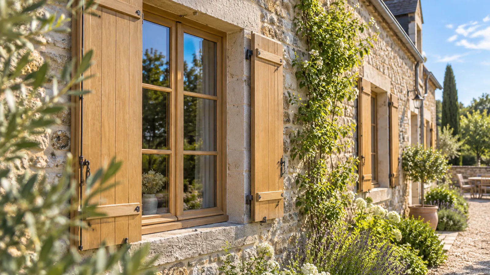 Fenêtre à la française en chêne clair sur une longère en pierre, fenêtre bois