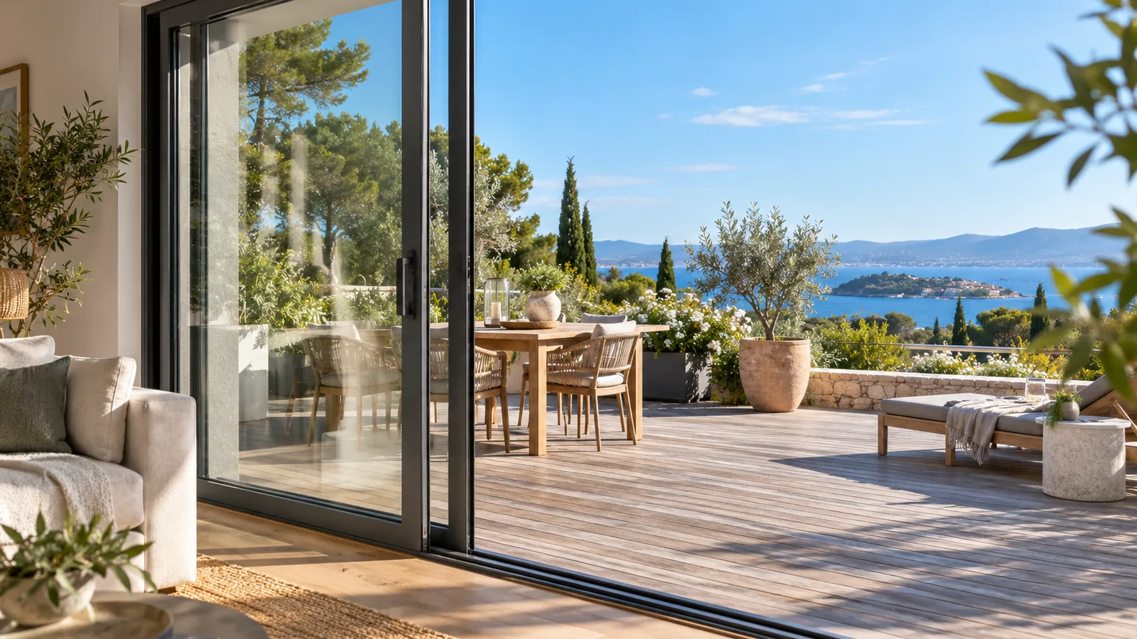 Fenêtre coulissante aluminium entrouverte sur une terrasse en bois, fenêtre coulissante