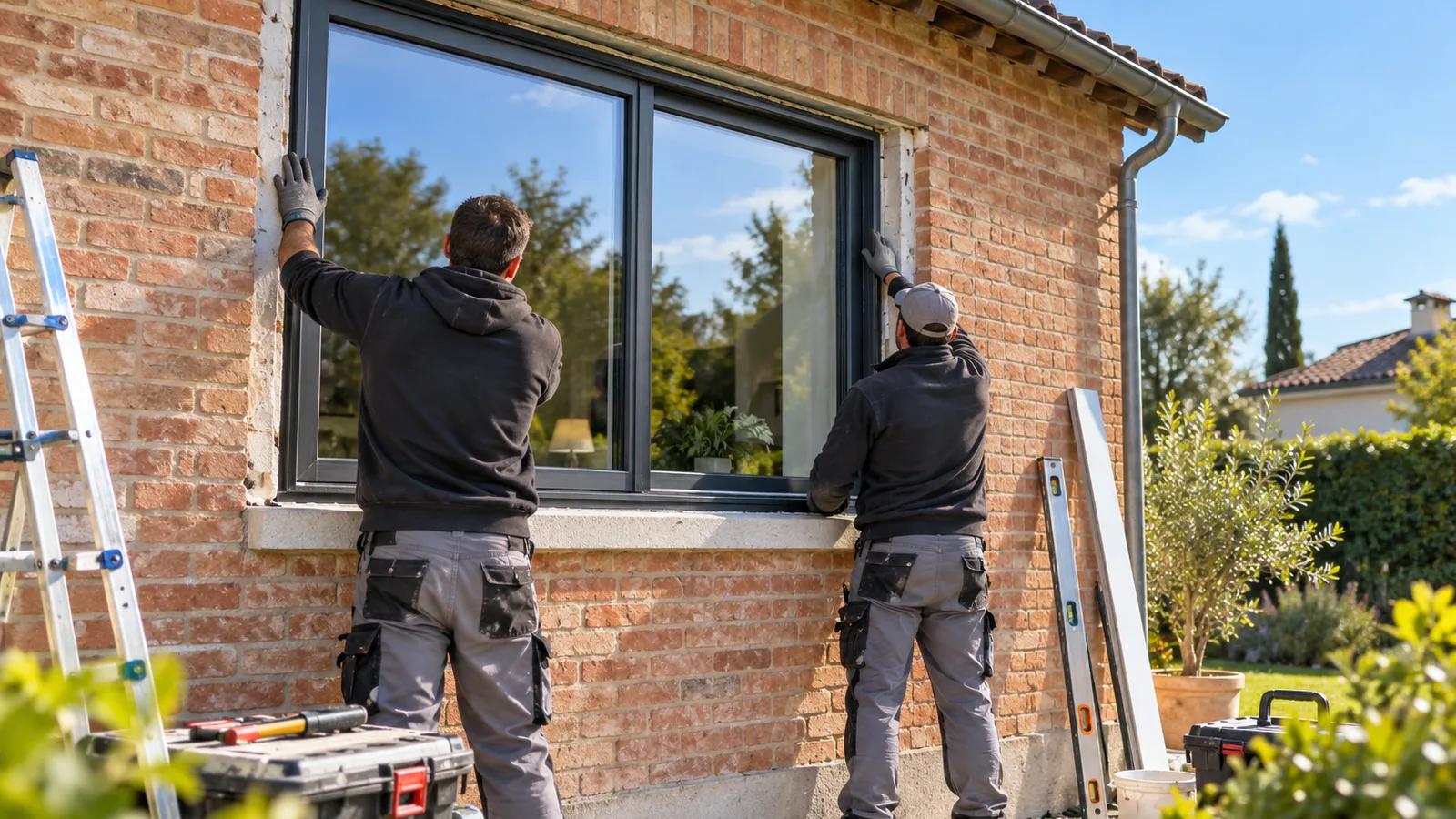 Deux poseurs de dos installant une fenêtre PVC dans une maison en briques, pose de fenêtres