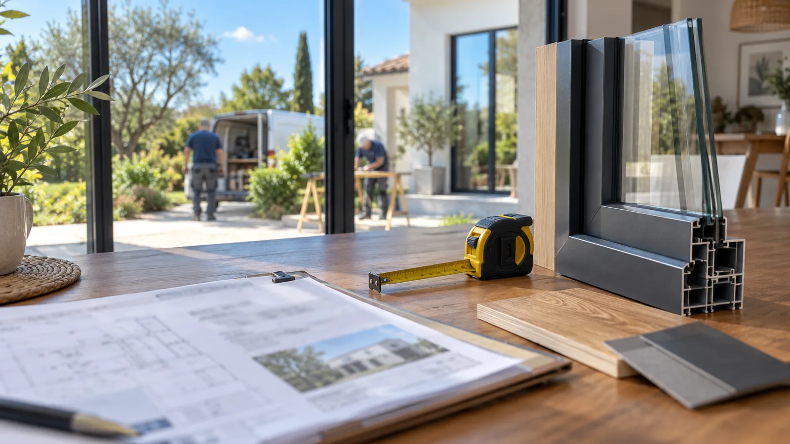 Devis papier flou posé sur une table à côté d’un mètre ruban et d’un échantillon de fenêtre, prix de pose d’une fenêtre
