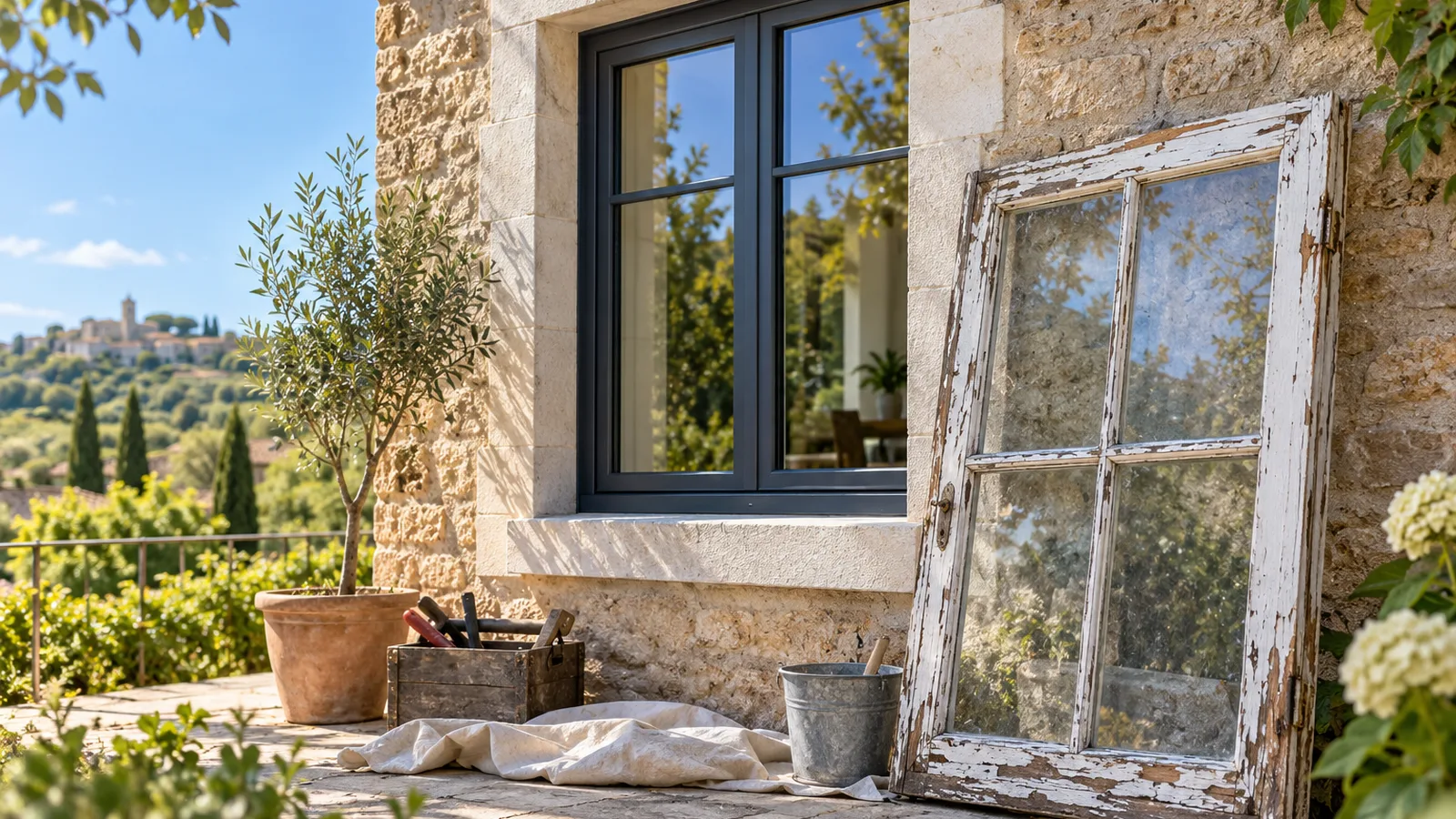 Ancienne fenêtre en bois écaillé à simple vitrage déposée contre un mur, remplacer ses fenêtres