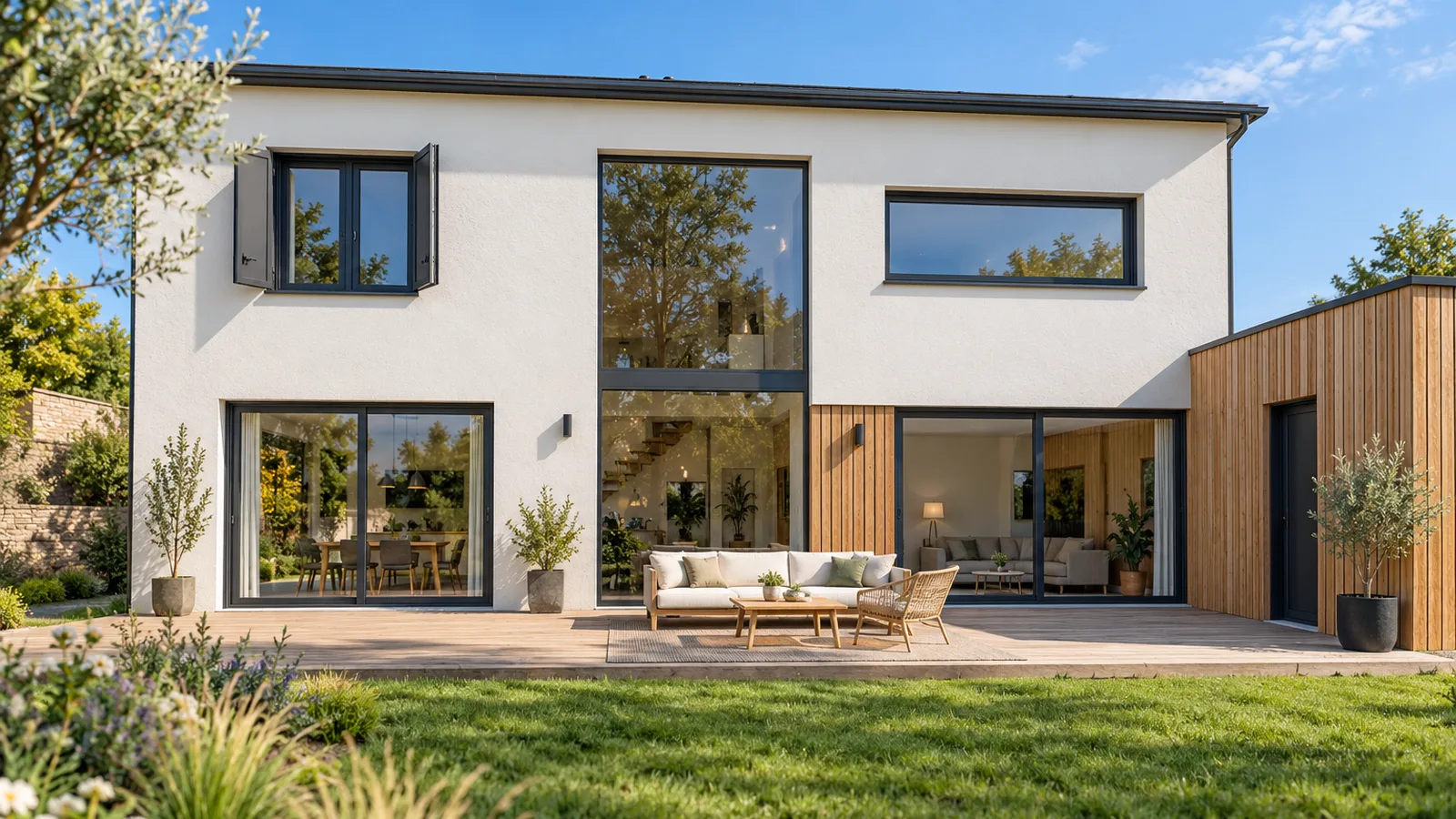 Façade de maison contemporaine réunissant plusieurs types d’ouvertures, types de fenêtres