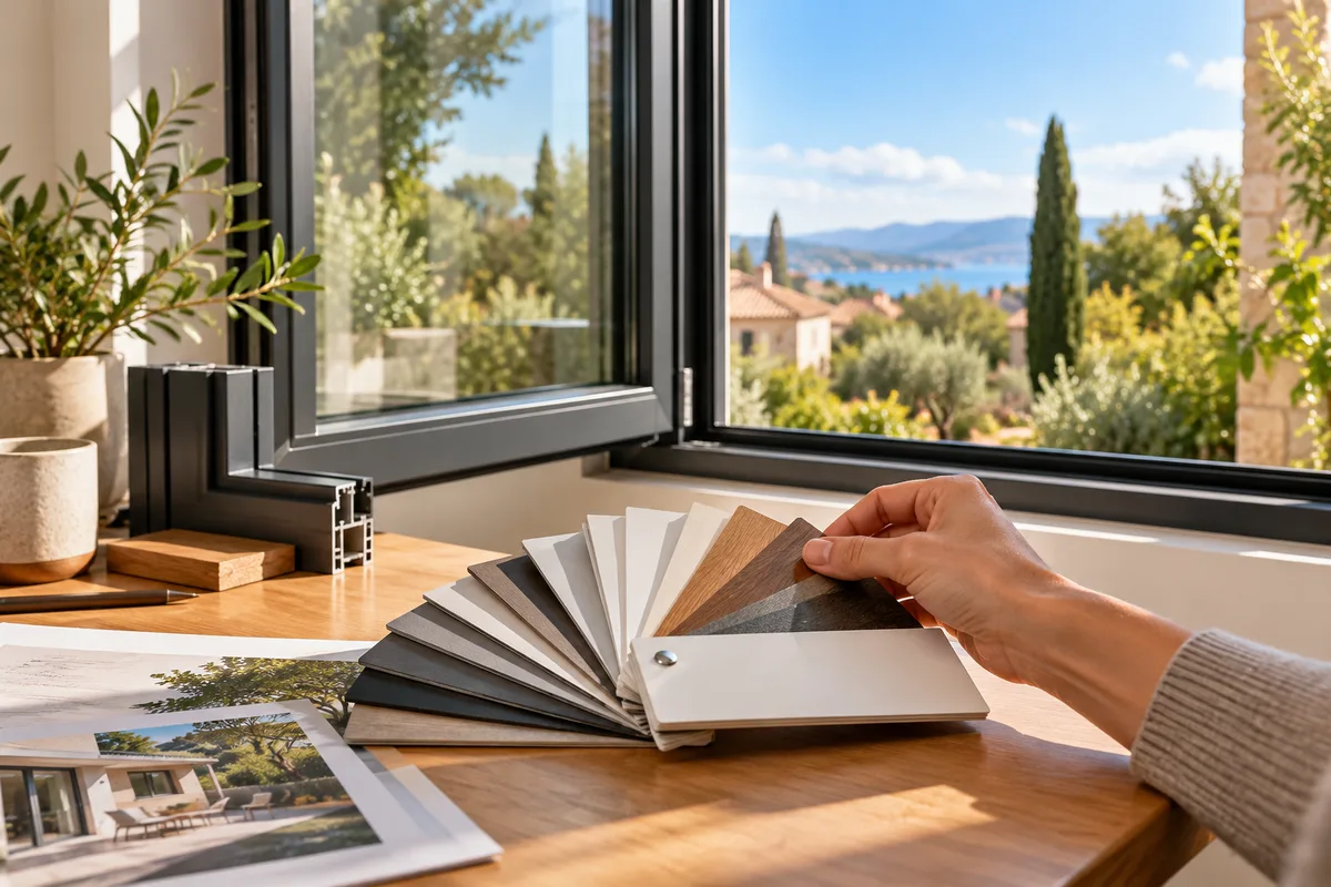 Main feuilletant un nuancier de couleurs de menuiseries posé sur une table près d’une fenêtre ouverte, fenêtres et pose