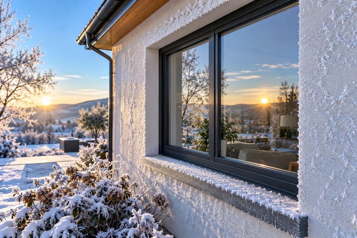 Fenêtre neuve sur une façade givrée au petit matin, coefficient Uw d’une fenêtre