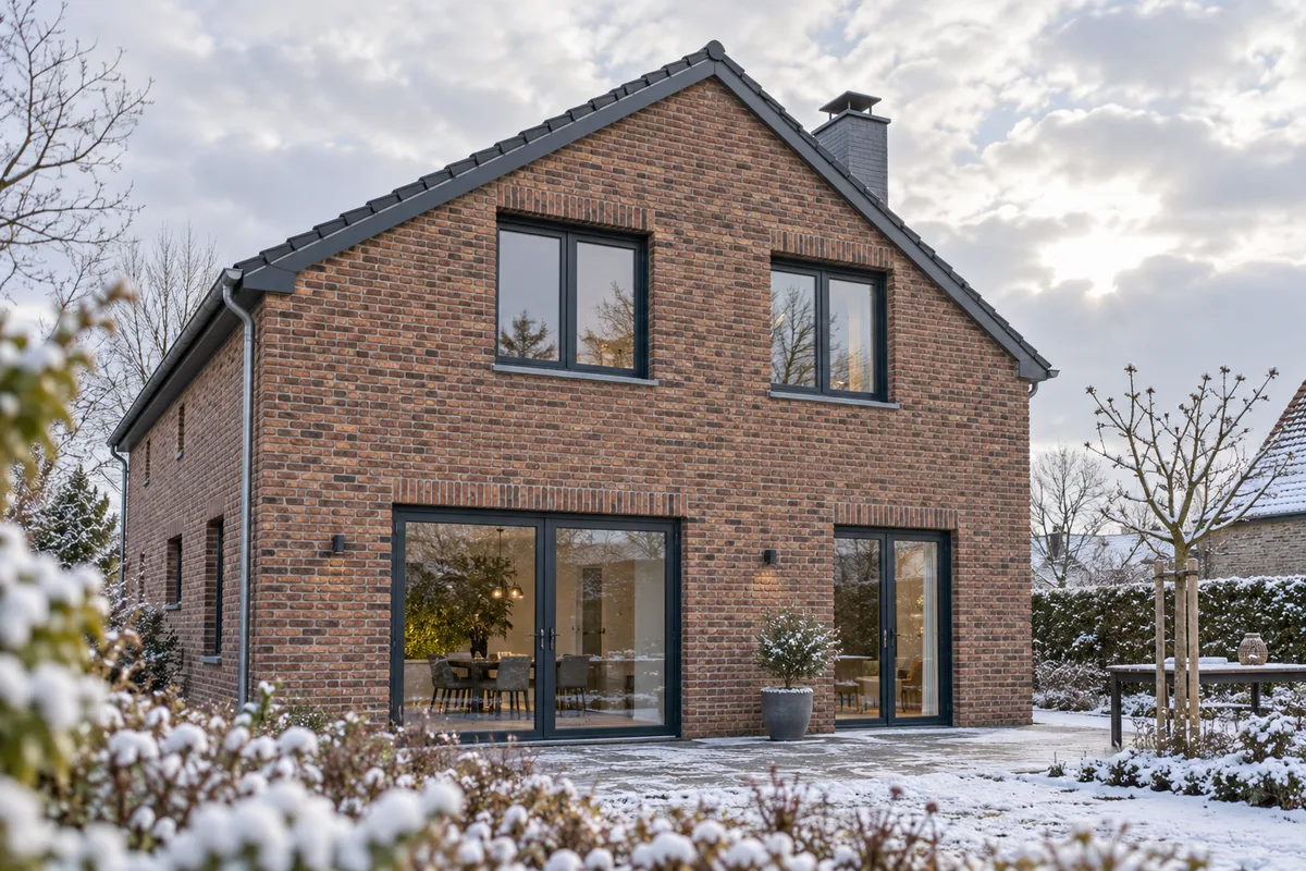 Façade nord d’une maison en briques avec fenêtres à triple vitrage, double ou triple vitrage