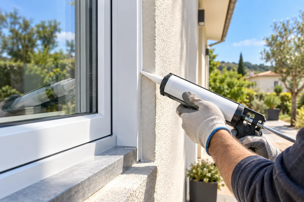 Pistolet à mastic traçant un joint régulier entre un dormant blanc et un enduit de façade, étanchéité à la pose d’une fenêtre