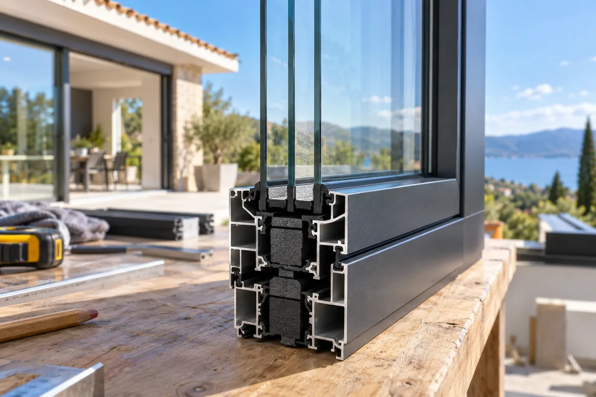 Coupe de profilé aluminium à rupture de pont thermique, fenêtre aluminium