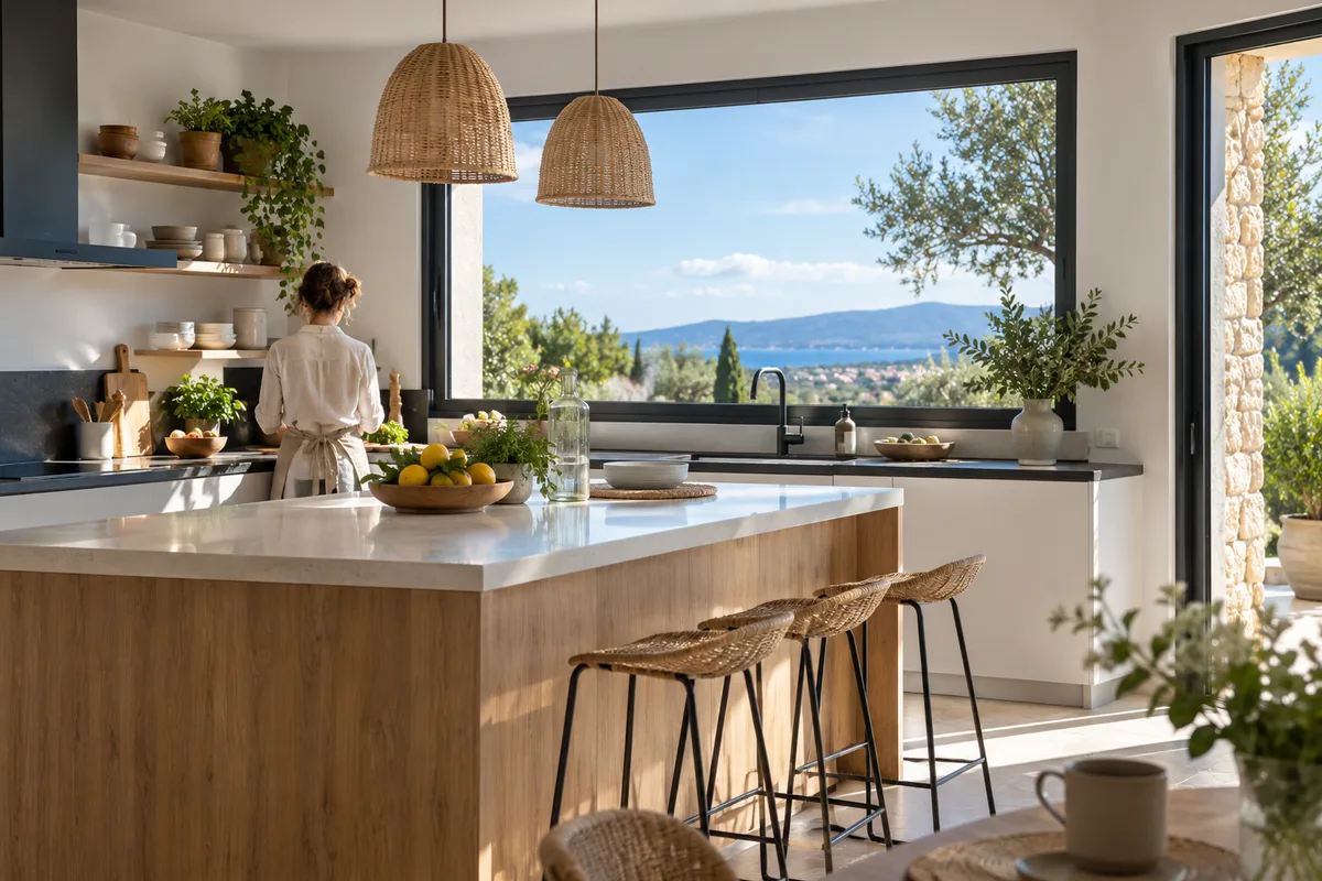 Cuisine moderne baignée de lumière par une fenêtre aluminium noire à large vitrage, fenêtre aluminium