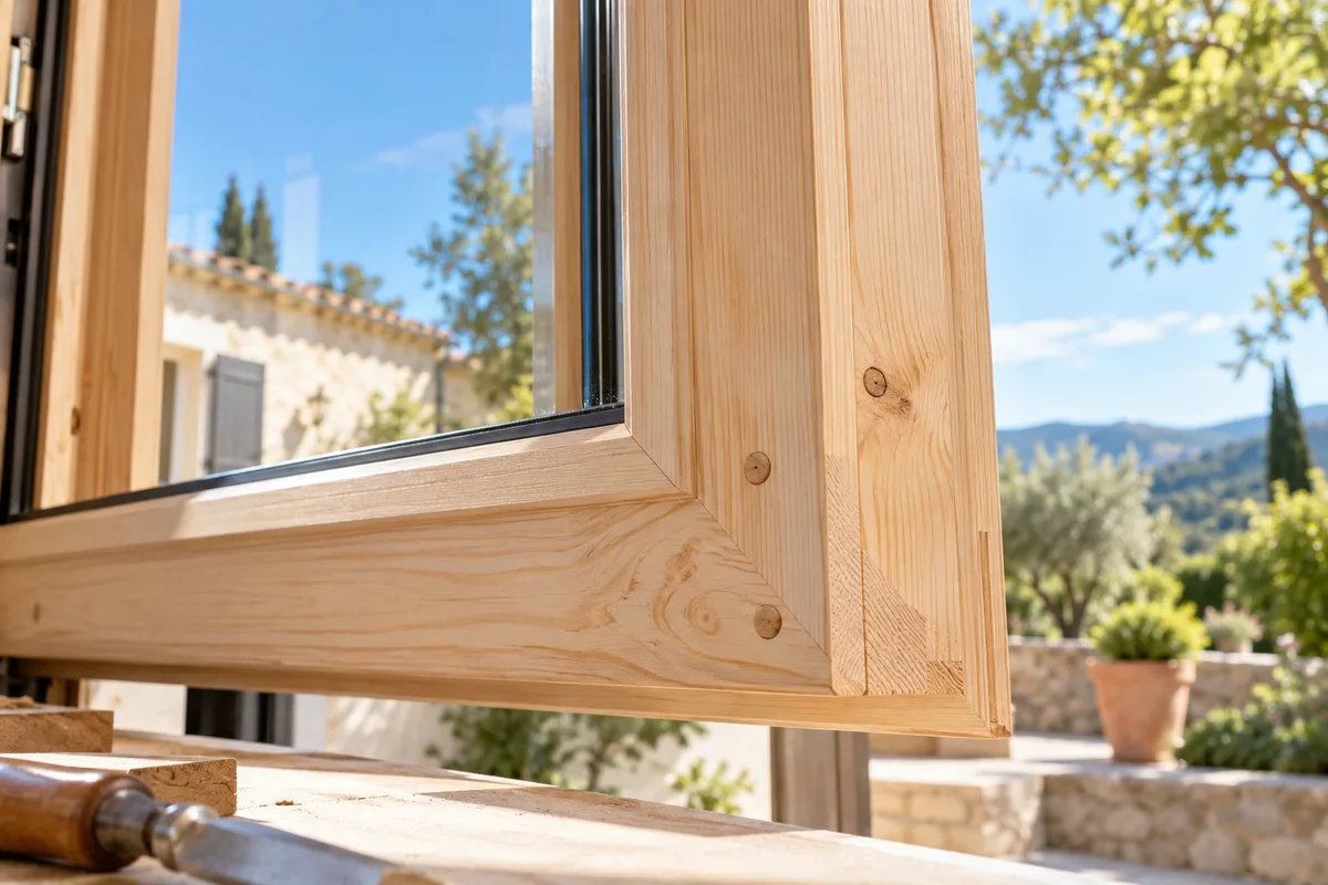 Gros plan sur l’assemblage d’angle d’un ouvrant en pin, fenêtre bois