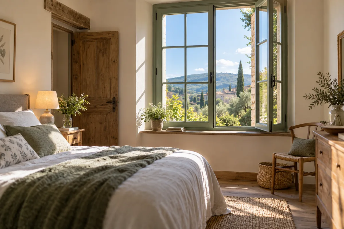 Chambre d’une maison de campagne éclairée par une fenêtre bois peinte en vert sauge, fenêtre bois