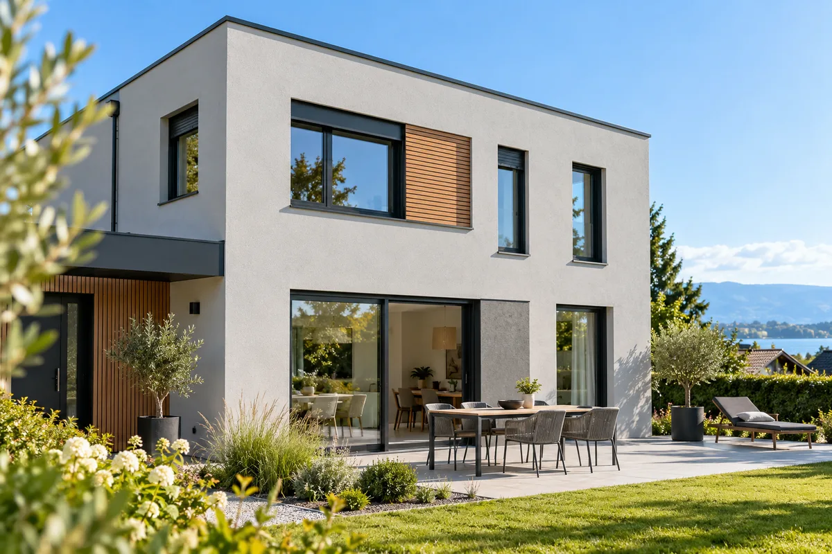 Façade de maison moderne avec fenêtres mixtes, fenêtre mixte bois-alu