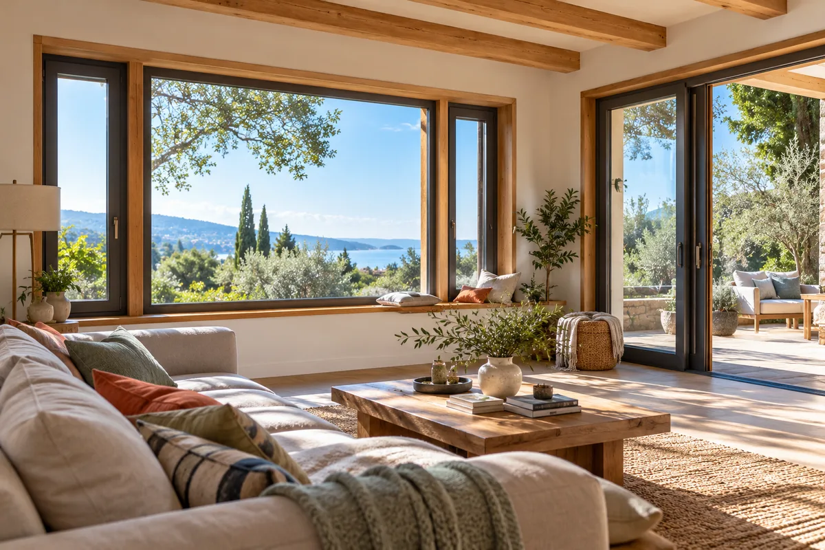 Séjour chaleureux encadré par des fenêtres mixtes au bois de chêne apparent côté intérieur, fenêtre mixte bois-alu