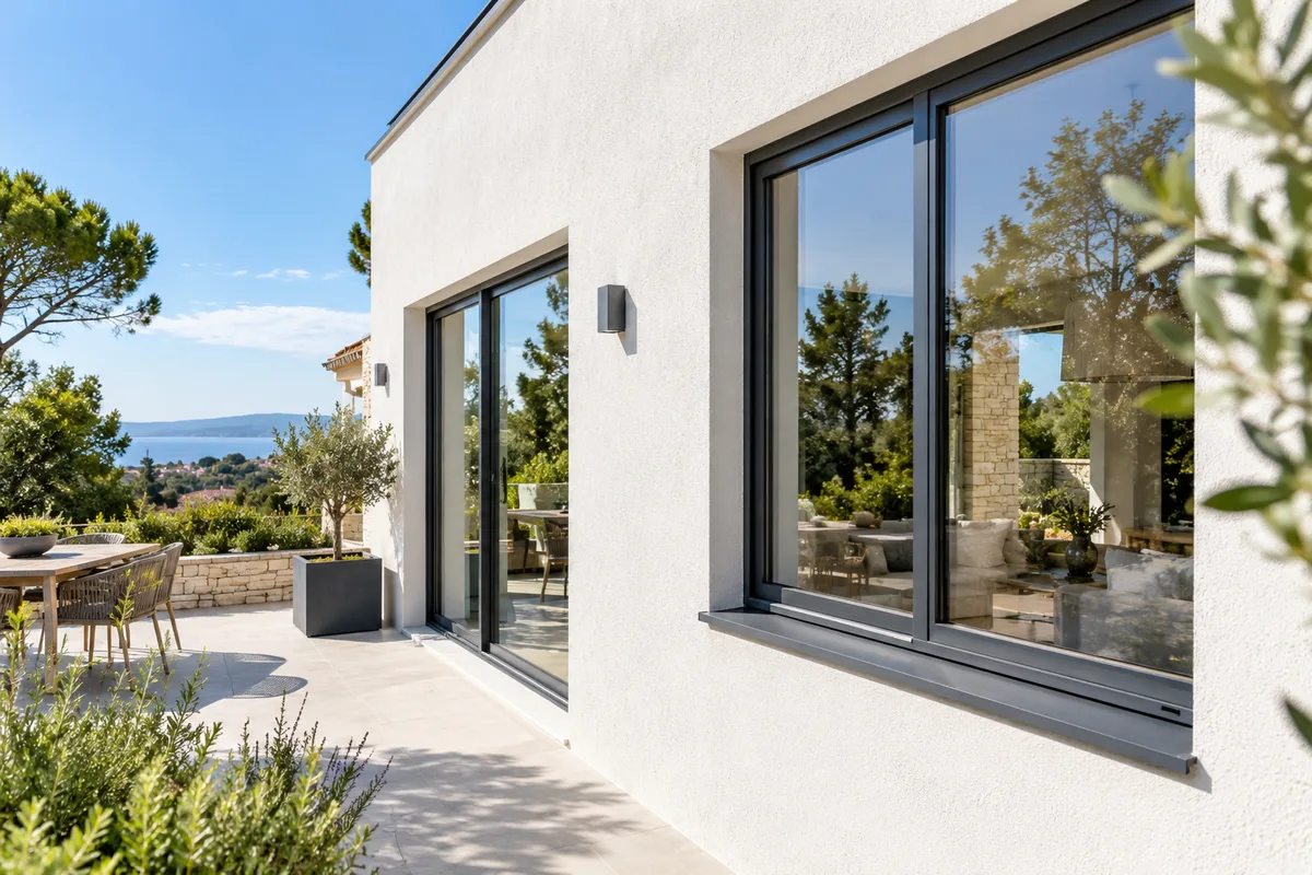 Fenêtre aluminium gris anthracite à profilés fins sur une façade enduite blanche d’une maison moderne, matériaux des fenêtres