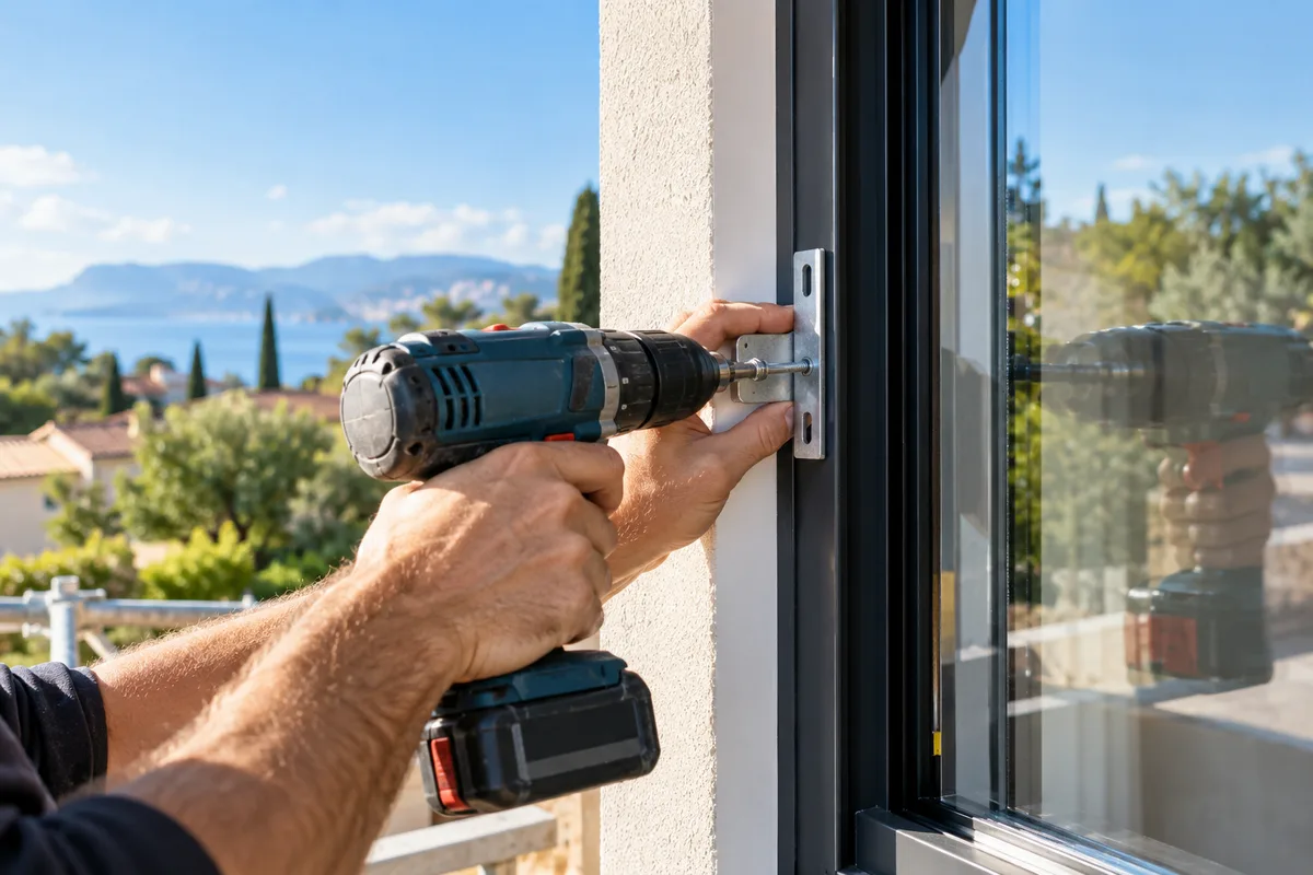 Mains vissant une patte de fixation sur un dormant de fenêtre avec une visseuse sans fil, pose de fenêtres