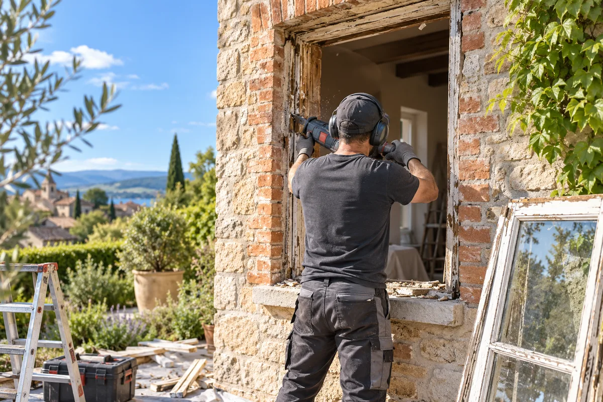Poseur de dos découpant à la scie un ancien dormant bois dans un tableau de briques, pose en rénovation ou dépose totale