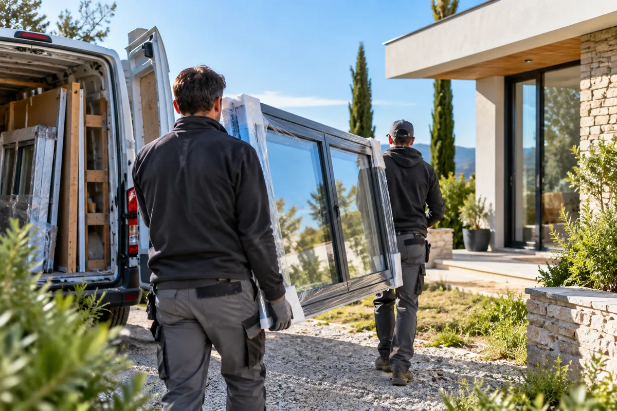Deux poseurs de dos portant une fenêtre neuve emballée depuis une camionnette vers une maison, prix de pose d’une fenêtre