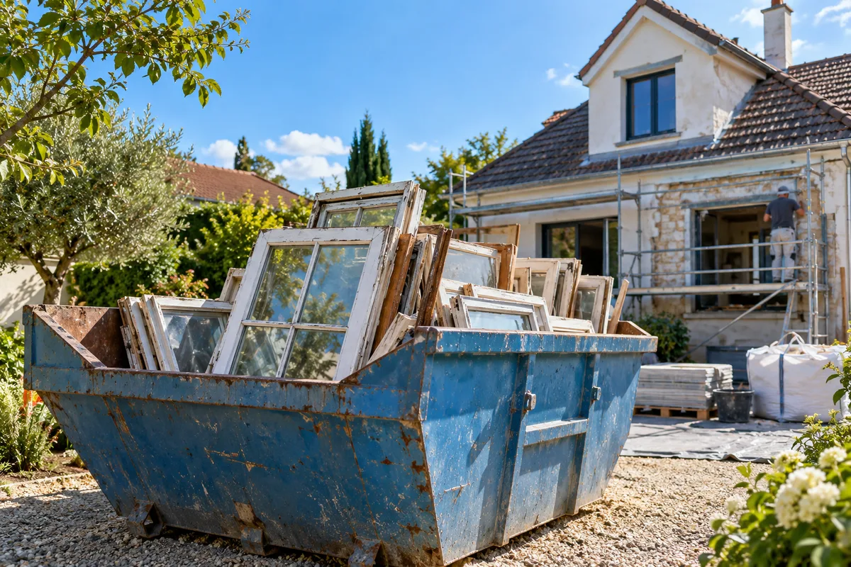 Benne de chantier remplie d’anciennes fenêtres en bois devant un pavillon en rénovation, prix de pose d’une fenêtre