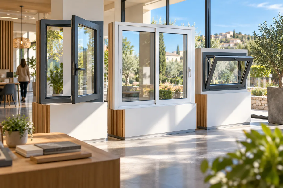 Rangée de modèles de fenêtres exposés en showroom, types de fenêtres