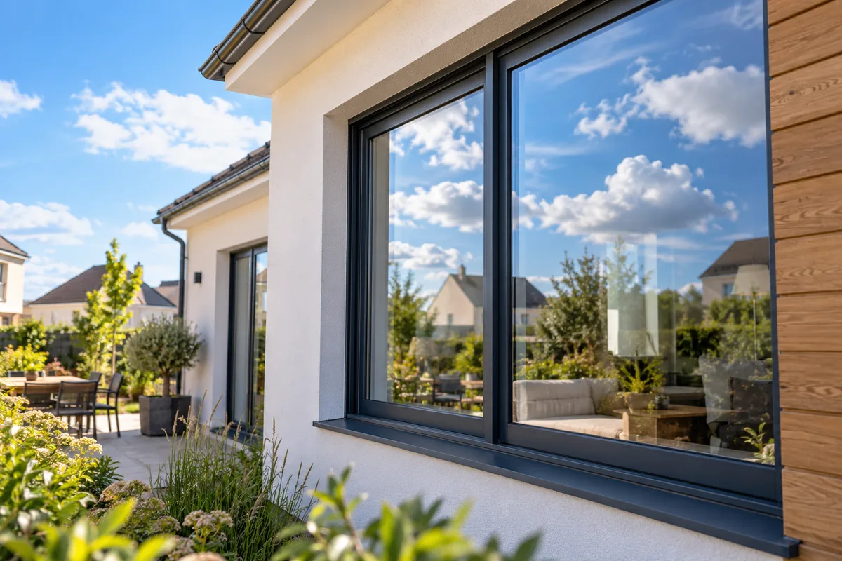 Reflet du ciel et des nuages dans un double vitrage neuf d’une maison de lotissement, vitrage des fenêtres